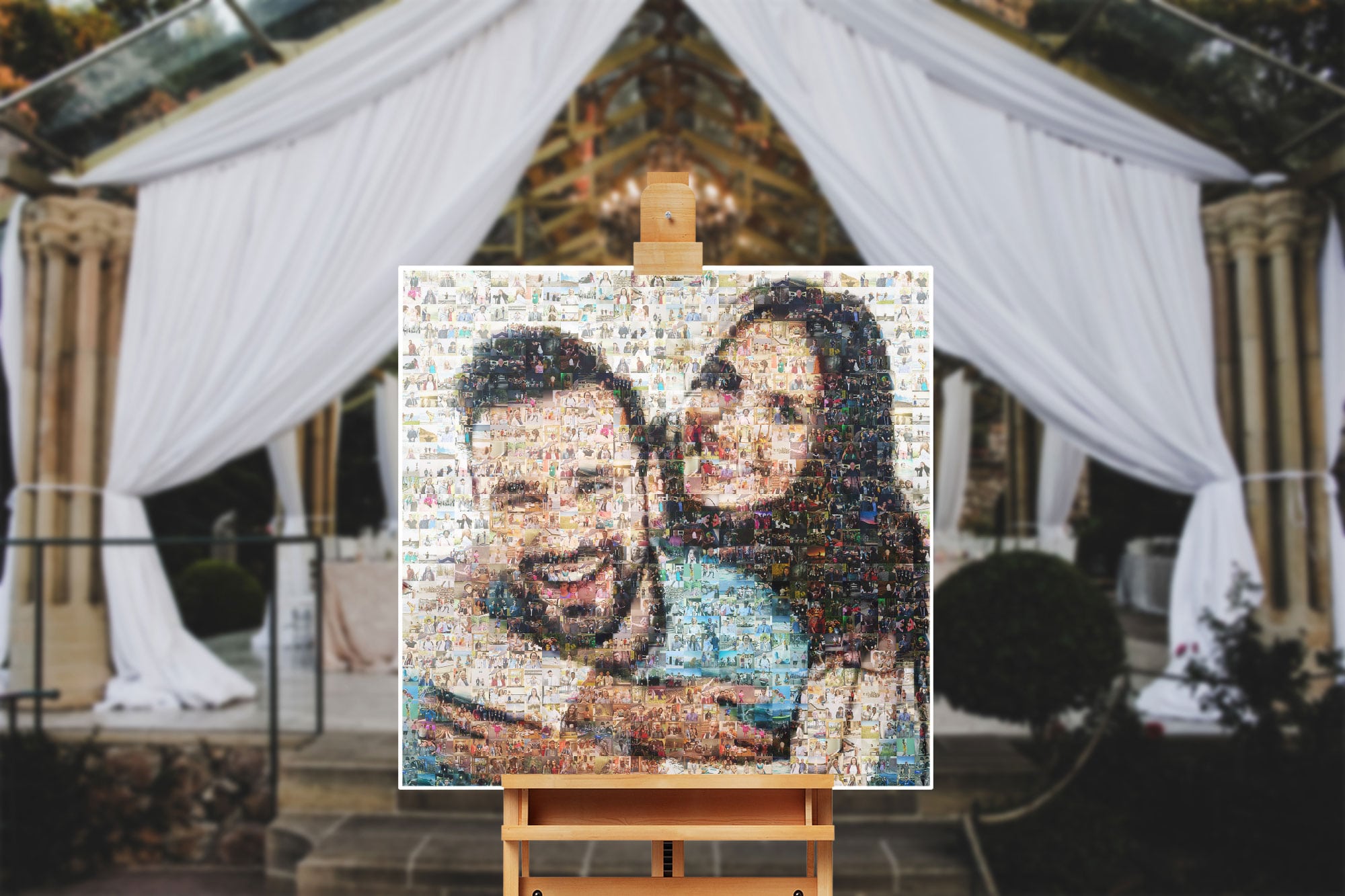Mosaic photo collage of bride and groom displayed on easel at wedding venue
