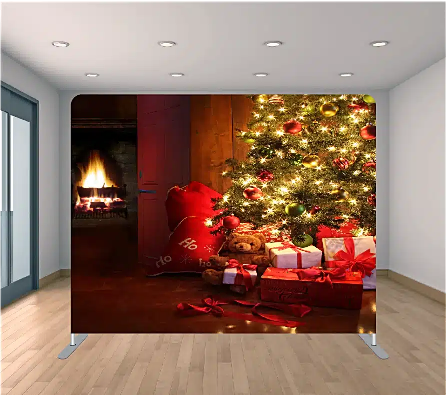 Holiday Christmas bear photo booth backdrop with festive winter scene