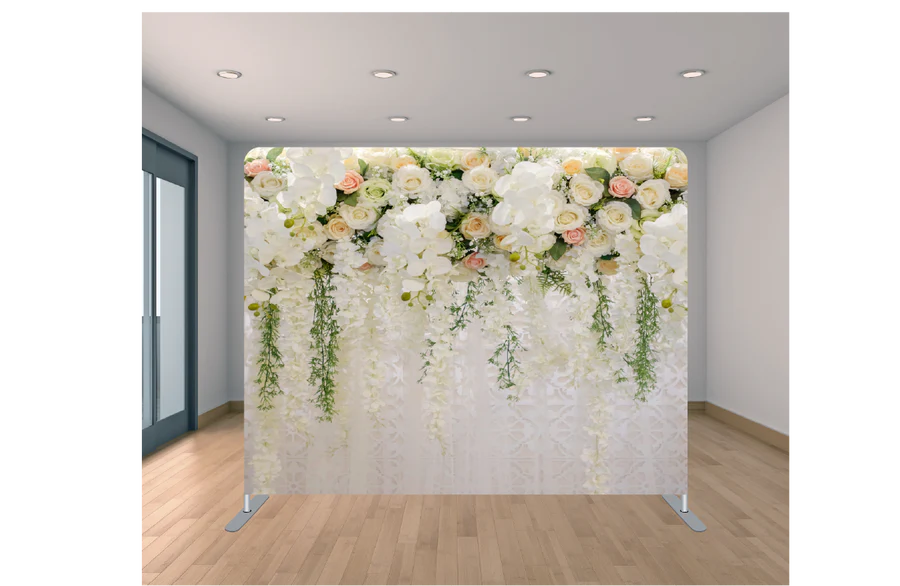 Blush rose flower wall photo booth backdrop with full floral coverage