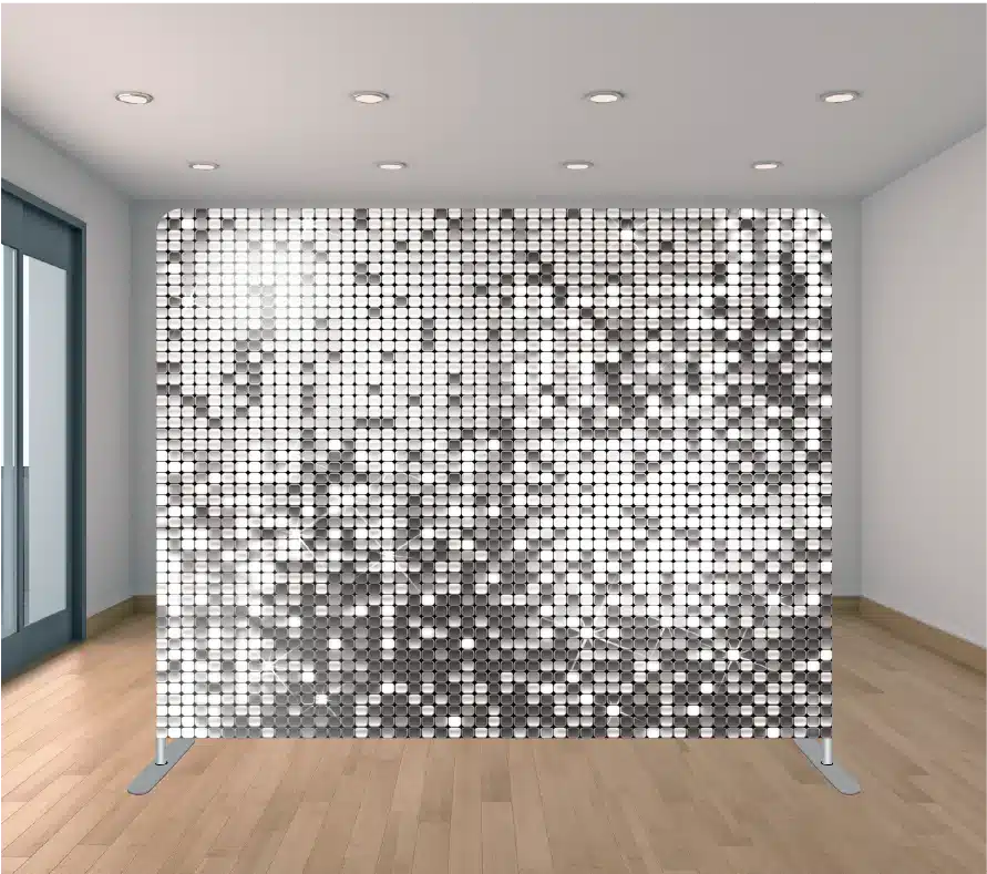 Silver sequin photo booth backdrop with shimmering metallic panels