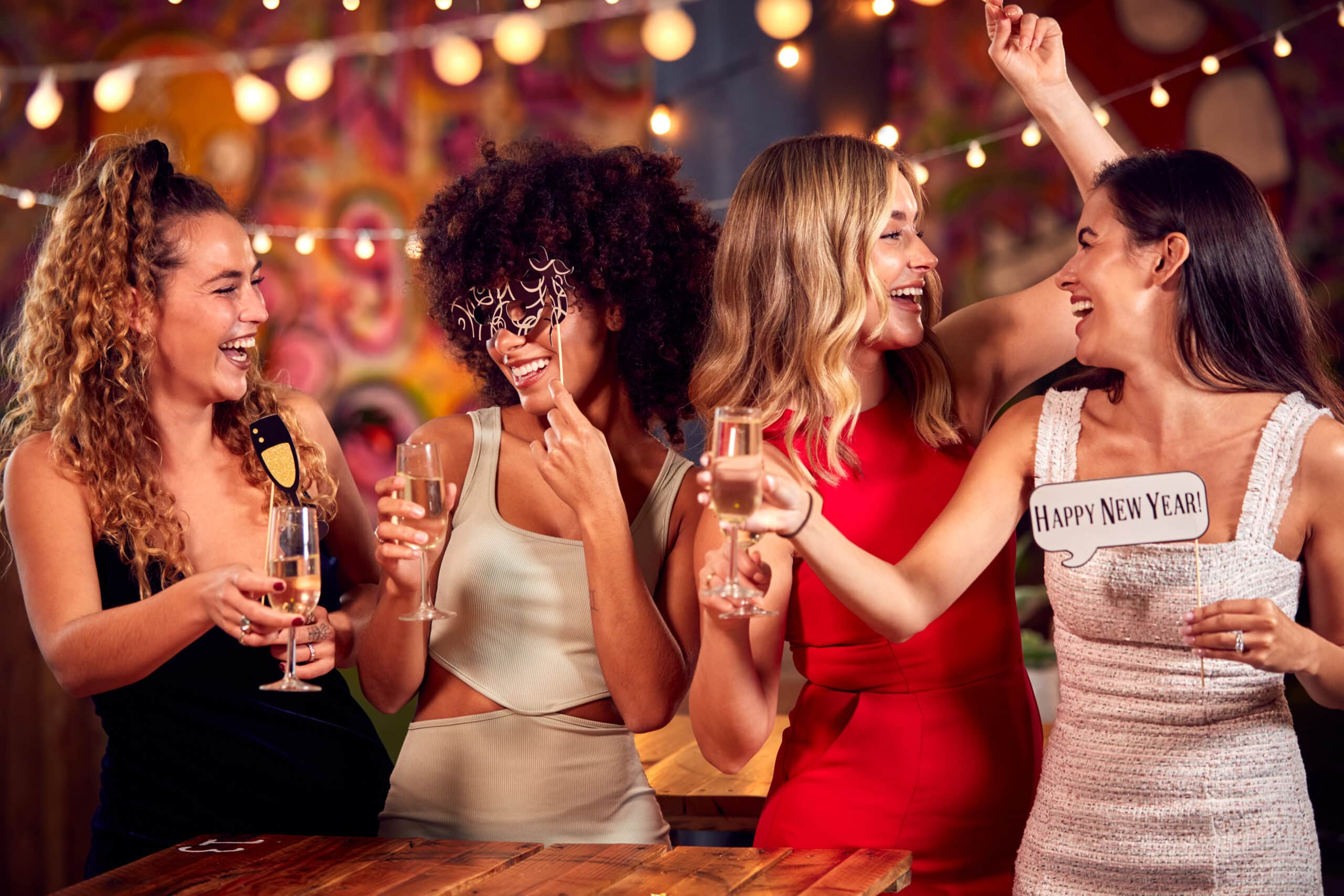 Group of women celebrating New Year with champagne under string lights