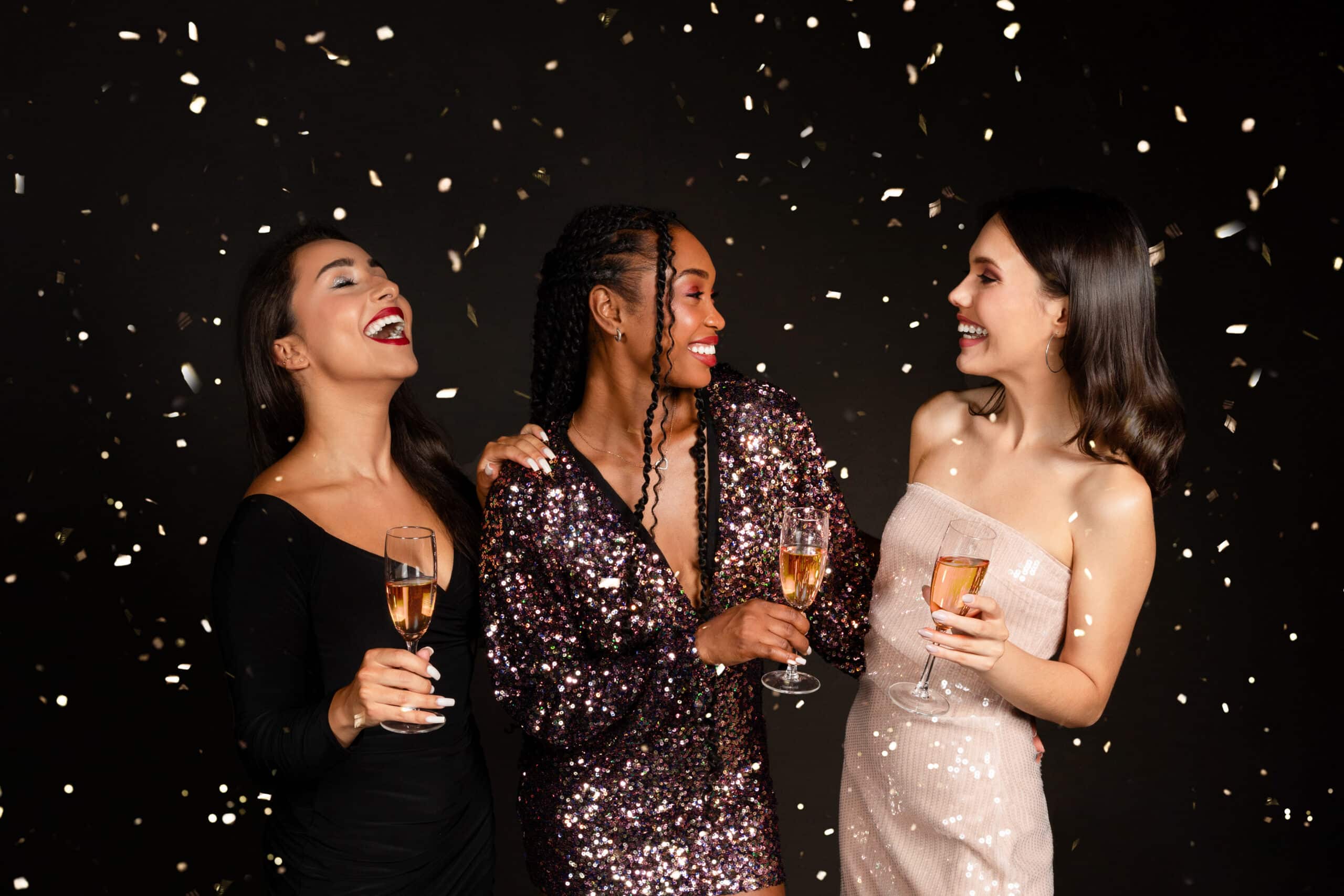 Three women in evening attire celebrating with champagne under confetti
