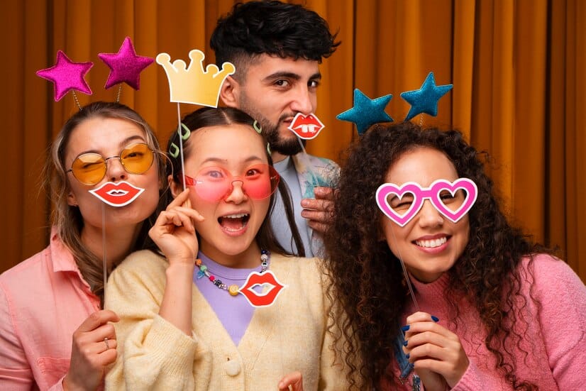Group of friends holding heart sunglasses and crown props at wood backdrop