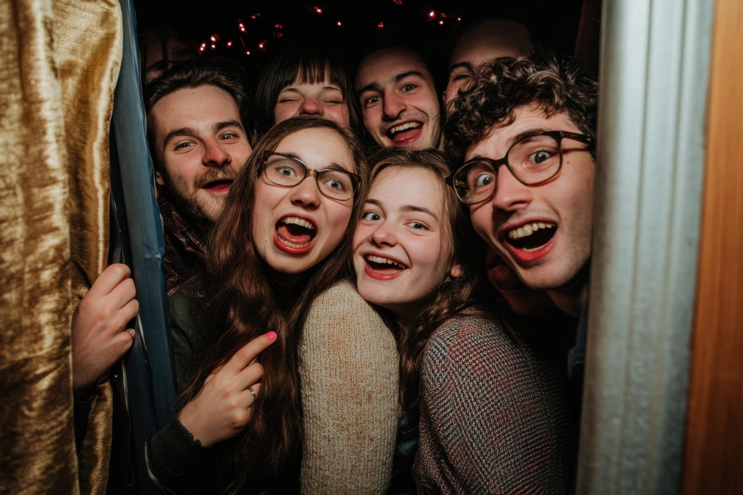 Group of friends laughing together while crowded inside curtained photo booth