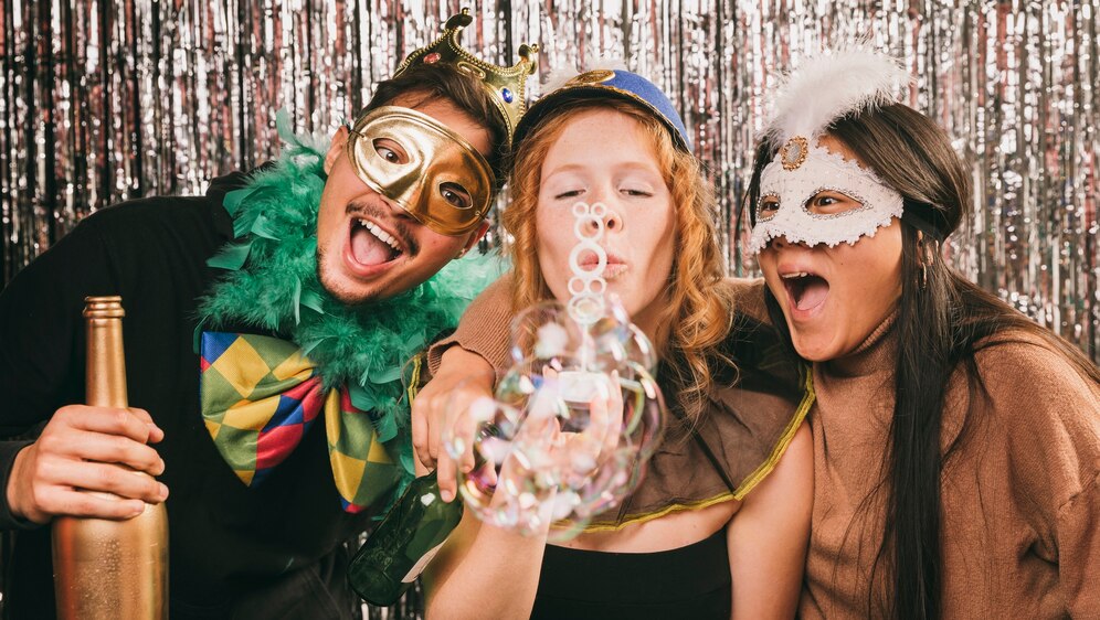 Three friends in carnival masks blowing confetti at silver tinsel backdrop
