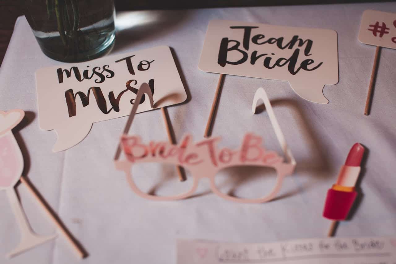 Bridal photo booth props including Miss to Mrs, Team Bride and Bride To Be glasses