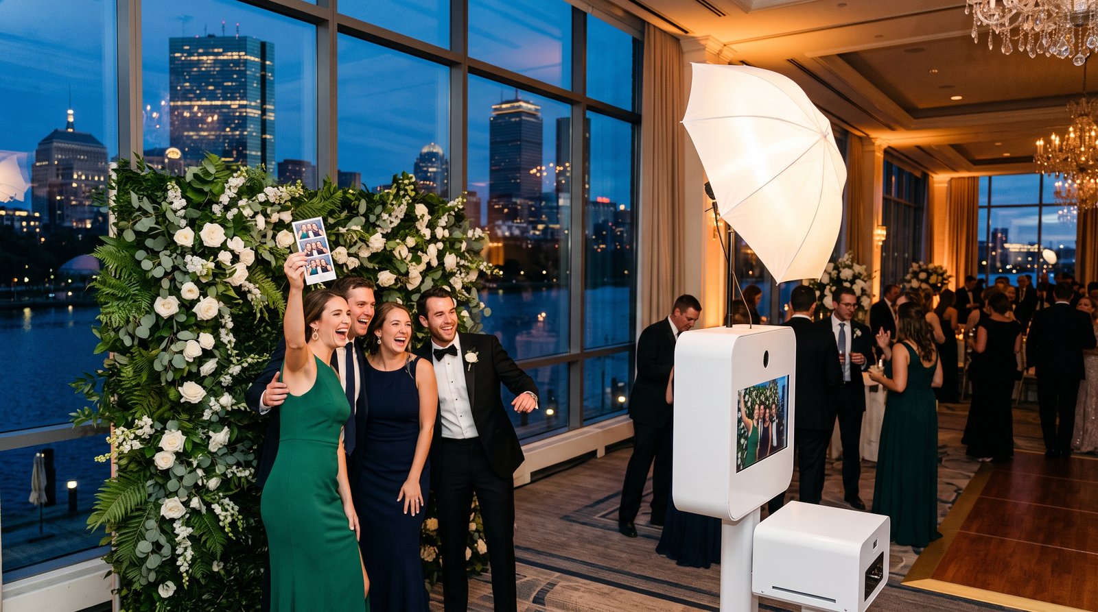 Guests laughing at an open-air PBPC photo booth at a Boston ballroom wedding, the downtown skyline glowing through the windows at dusk