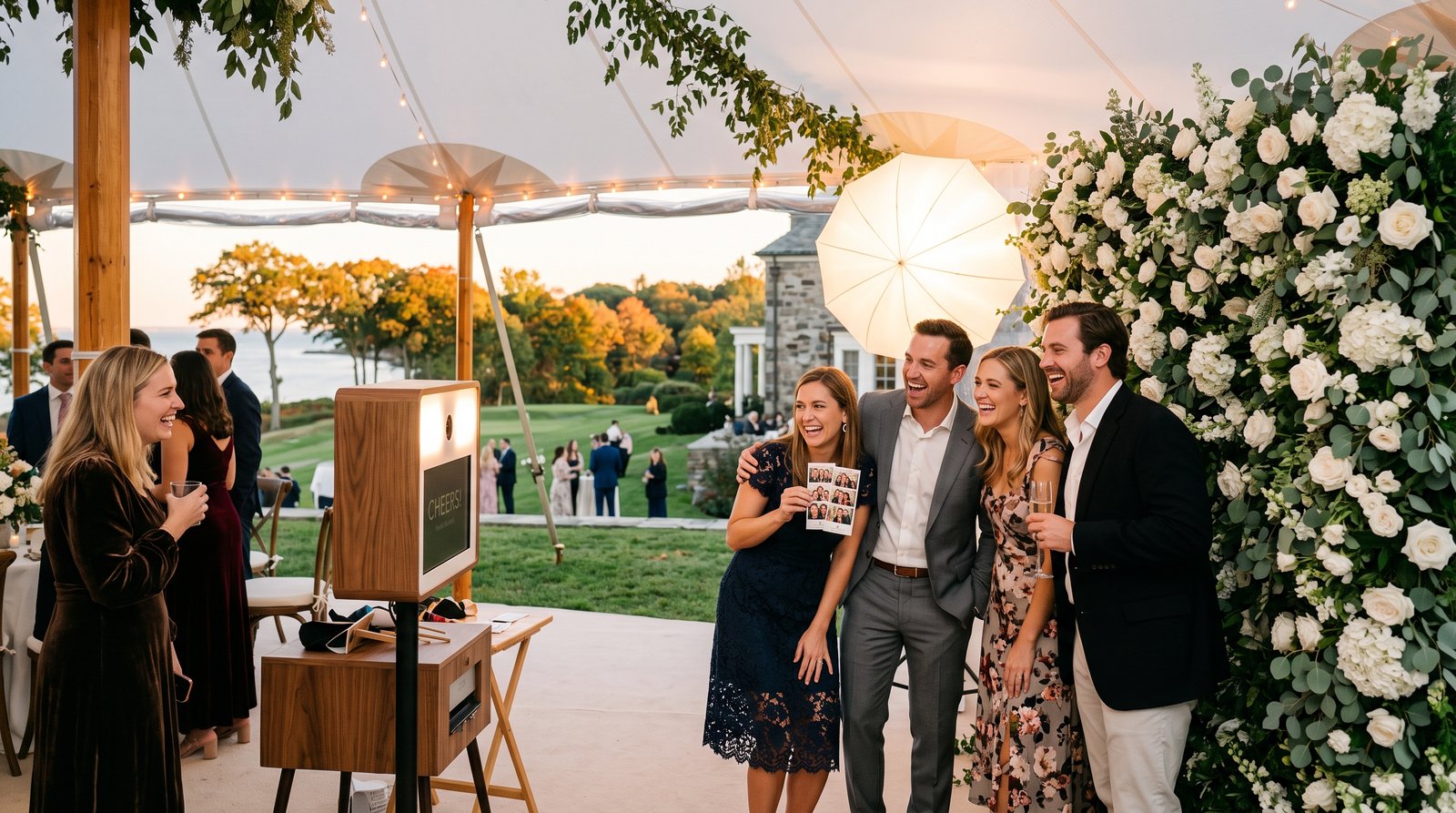Guests laughing at a PBPC photo booth at a Connecticut coastal estate wedding tent at golden hour