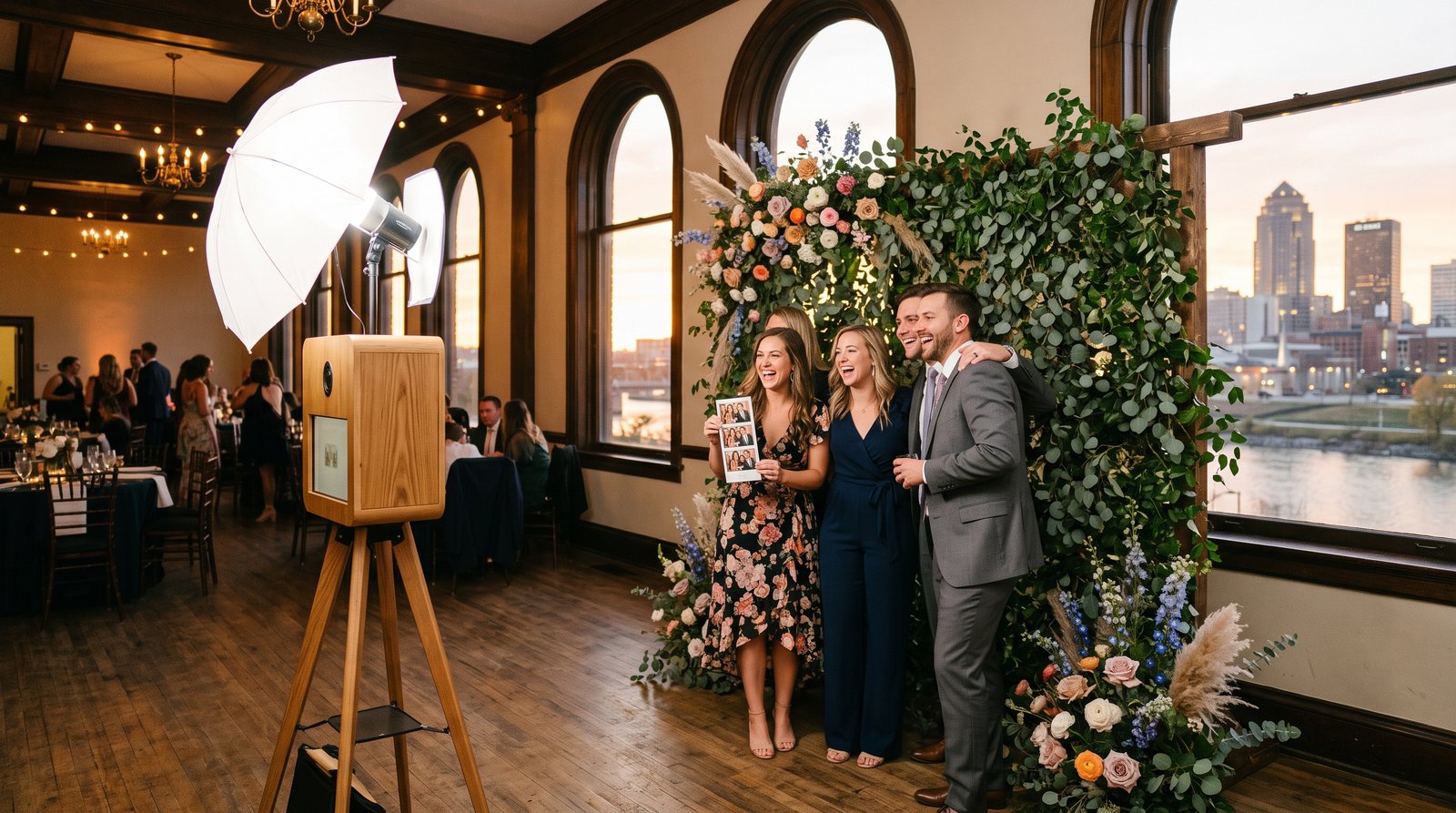Guests at a PBPC photo booth in a historic Des Moines ballroom, the downtown skyline over the river at sunset