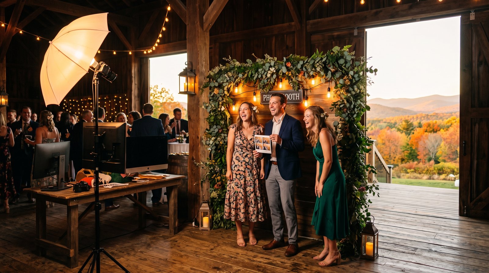 Guests laughing at a PBPC photo booth at a rustic New Hampshire barn wedding, autumn mountains beyond the open doors at golden hour