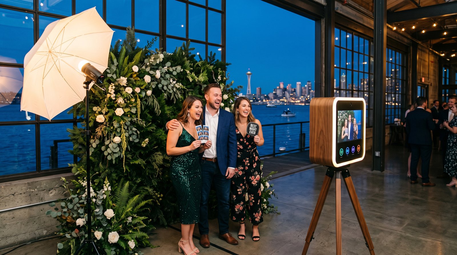 Guests laughing at a PBPC photo booth at a Seattle waterfront event, the Space Needle and skyline through the windows at dusk